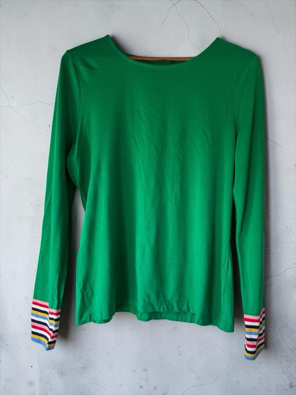 Boden Women's Green Boat Neck Long Sleeve Jersey Top Striped Cuffs Size 10